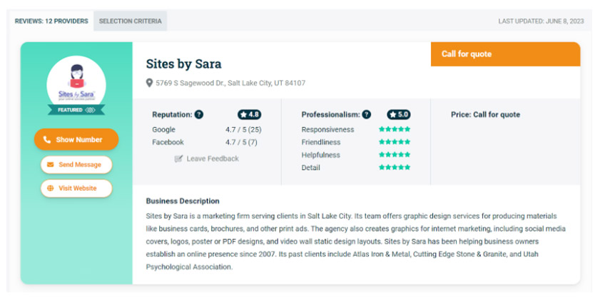 Celebrating Success: Sites by Sara Ranked #1 Best Graphic Designers in Salt Lake City by Expertise